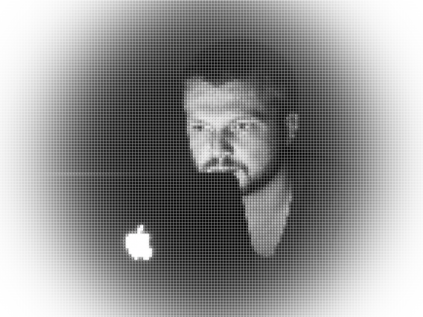 Andrey working at his laptop, rendered in rounded silver light pixels.